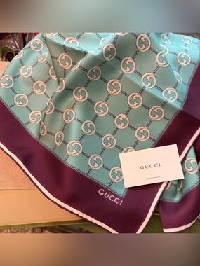 NWT Gucci Aqua and Plum Interlocking G Silk Scarf